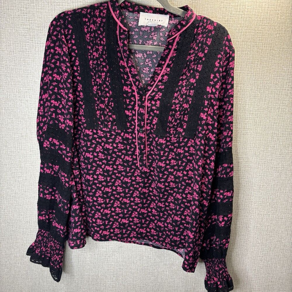 The Shirt Rochelle Behrens Blouse Womens Size Large Pink Black Floral Lace